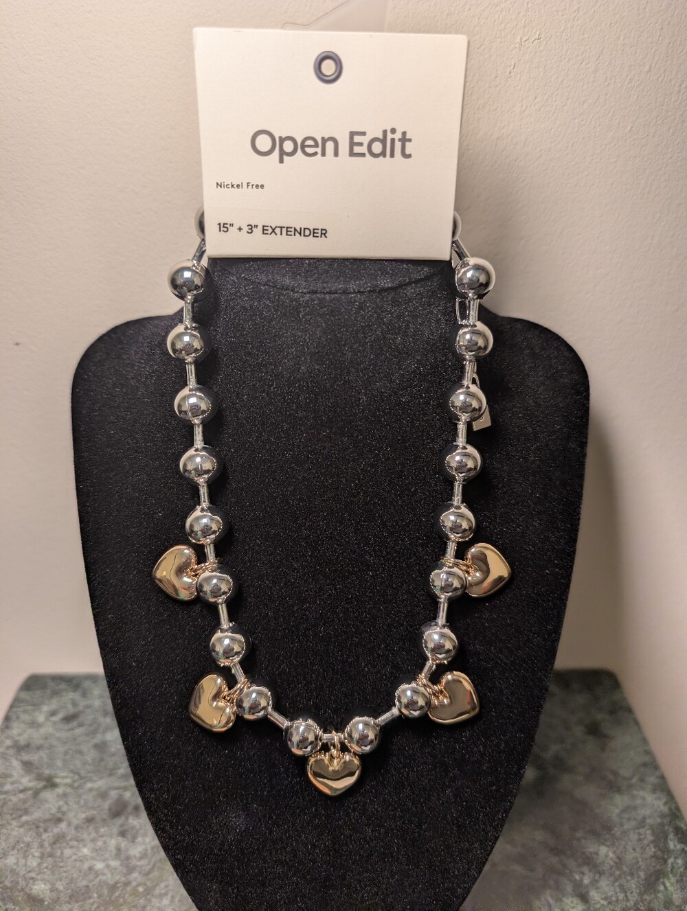 Open Edit Silver Beaded Heart Charm Necklace with Gold Heart Charms| NWT